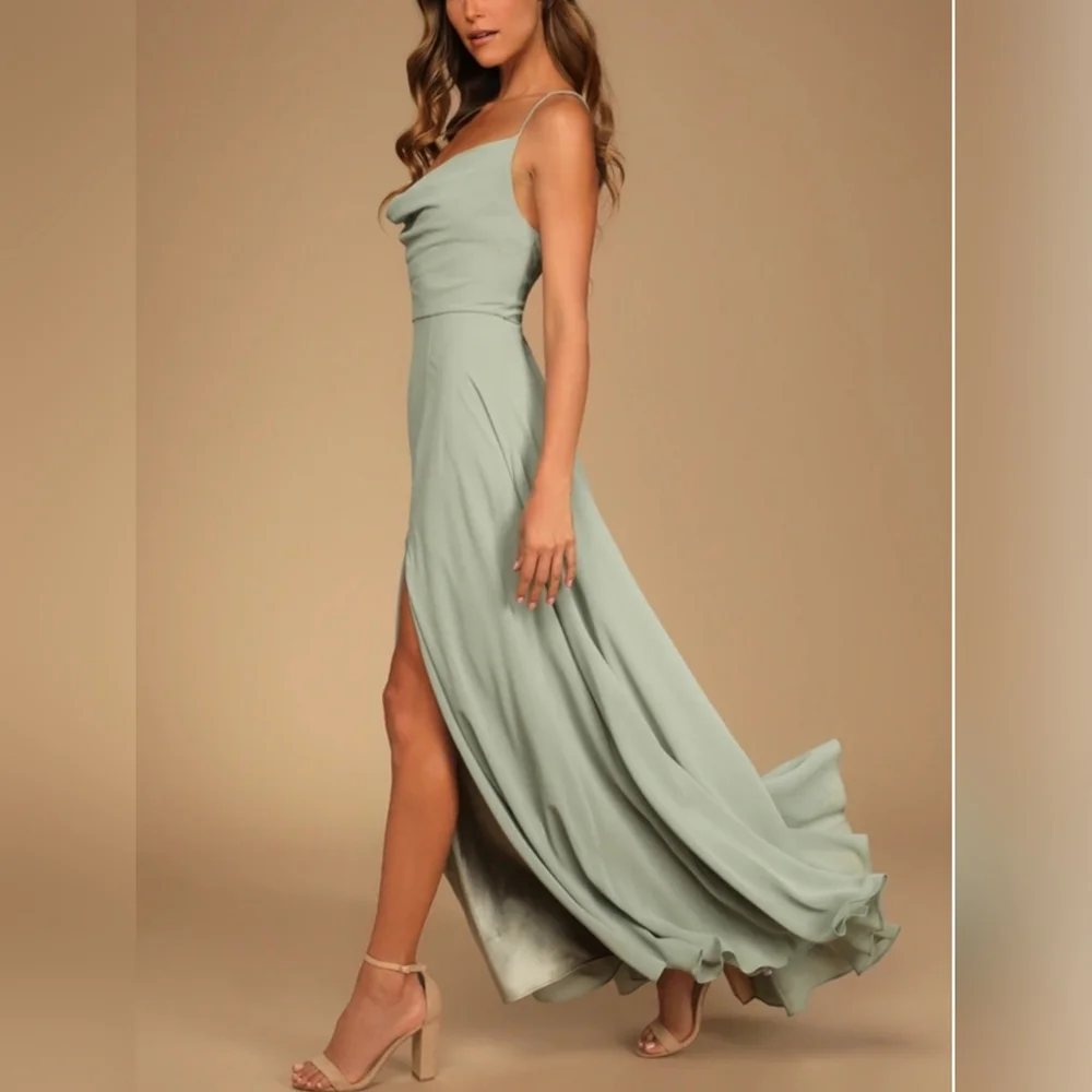 Elegant Chic Cowl Neck High Low Slit Sage Maxi Dress - Picture 1 of 8